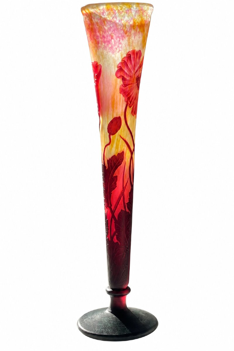 Daum Nancy - Large Trumpet-shaped Vase With Poppy Design - Art Nouveau-photo-2
