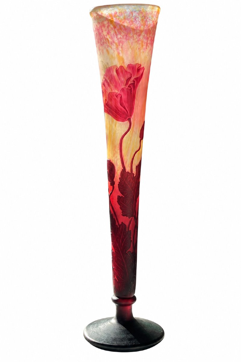 Daum Nancy - Large Trumpet-shaped Vase With Poppy Design - Art Nouveau-photo-3