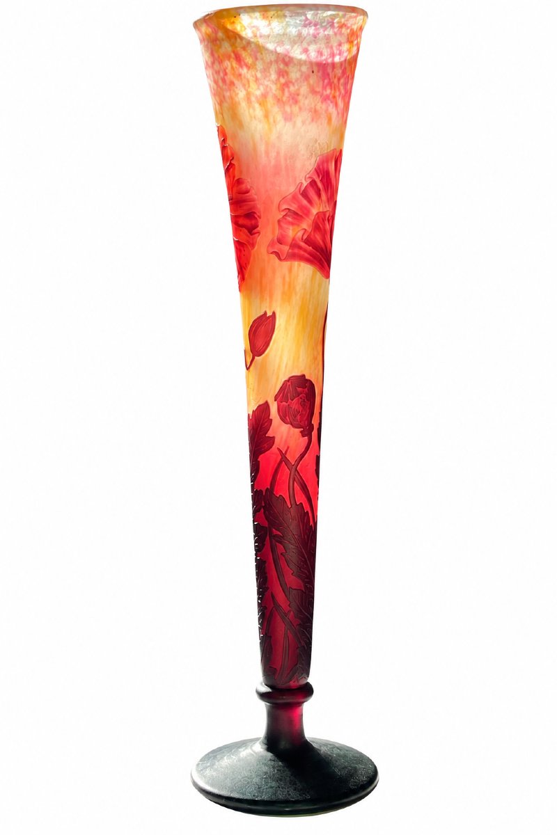 Daum Nancy - Large Trumpet-shaped Vase With Poppy Design - Art Nouveau-photo-4