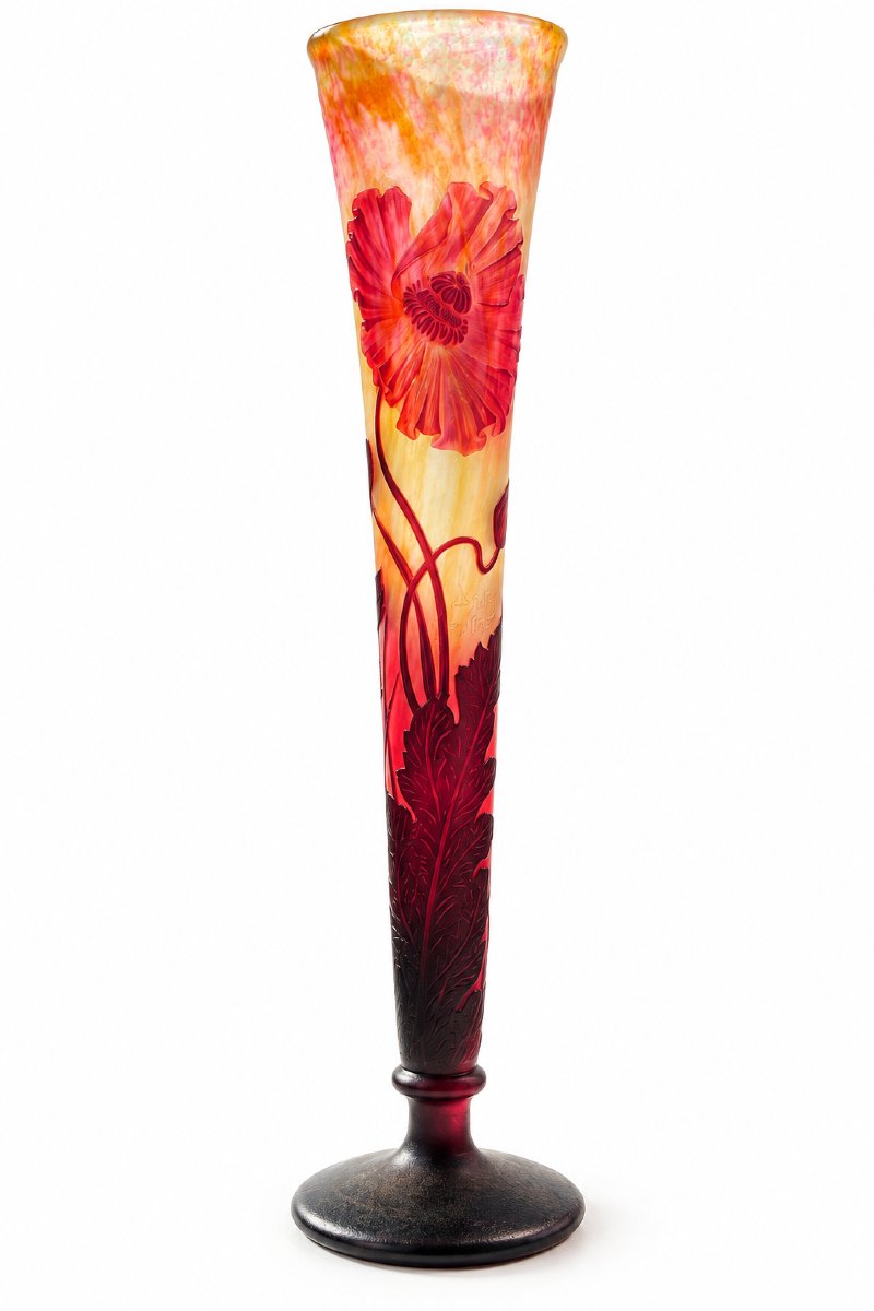Daum Nancy - Large Trumpet-shaped Vase With Poppy Design - Art Nouveau