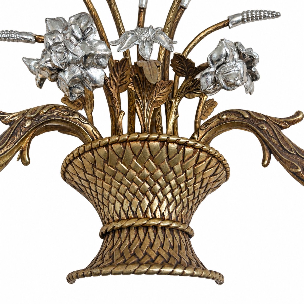 Pair Of Bronze Wall Sconces Decorated With Flower-filled Baskets—20th Century.-photo-3