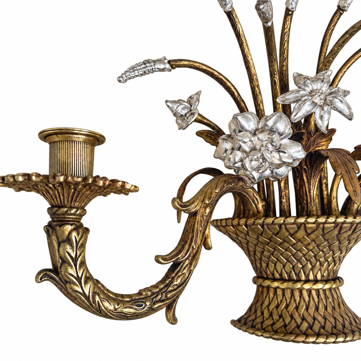 Pair Of Bronze Wall Sconces Decorated With Flower-filled Baskets—20th Century.-photo-4