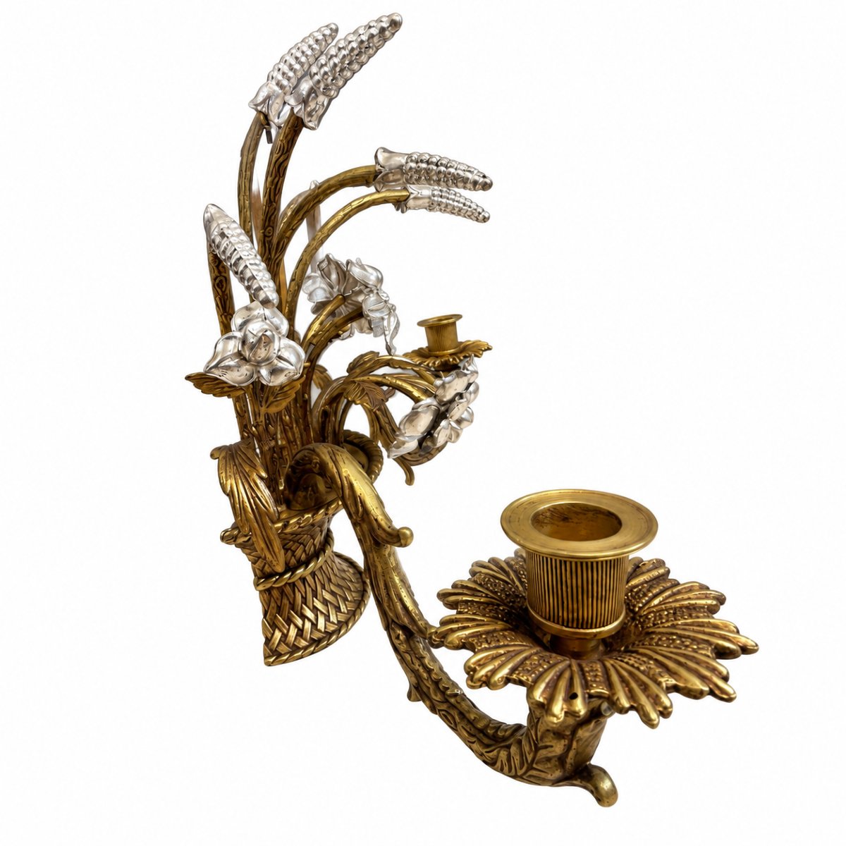 Pair Of Bronze Wall Sconces Decorated With Flower-filled Baskets—20th Century.-photo-2