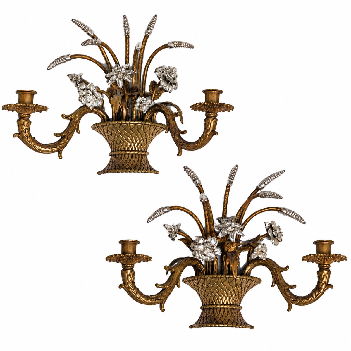 Pair Of Bronze Wall Sconces Decorated With Flower-filled Baskets—20th Century.