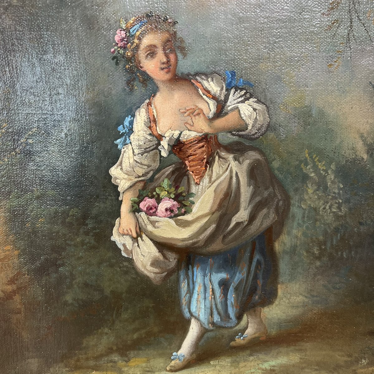 Young Woman With Roses - Oil On Canvas - Monogram Fb 1759 - 18th Century-photo-3