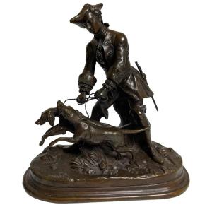 Lost Wax Bronze, Hunter And His Dogs Signed Moris 