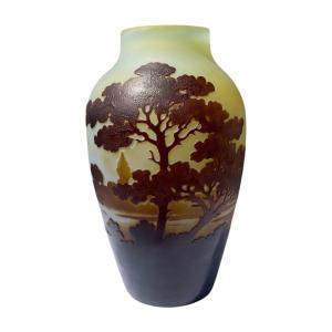 Gallé Vase With Lake And Forest Landscape - Height 16 Cm