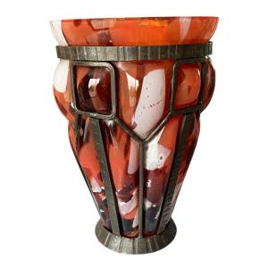 Art Deco Lorraine Vase, Wrought Iron Frame - Daum