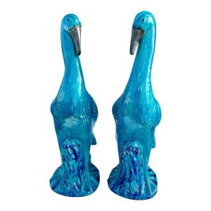 Pair Of Shiwan Ceramic Cranes Or Herons - China