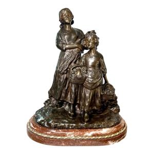 Bronze By Joseph d'Aste - The Harvester And The Child - Height 42 Cm