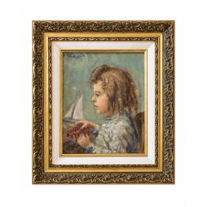 R.Fremond , Enfant au voilier , huile sur isorel, école havraise début XXème