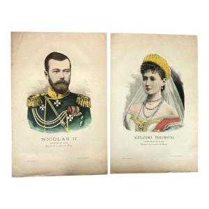 Nicolas II et Alexandra Feodorovna - Paire de chromolithographies 1896 - visite en France