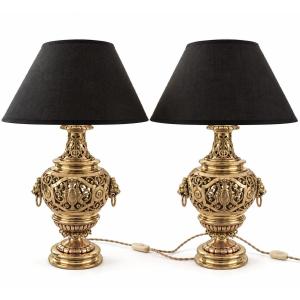 Pair Of Openwork Bronze Lamps - 19th Century - Base Height: 40 Cm