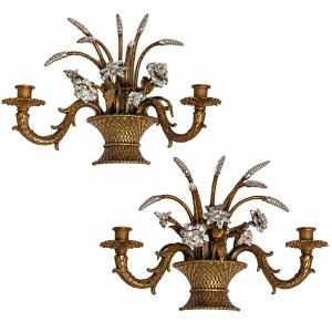 Pair Of Bronze Wall Sconces Decorated With Flower-filled Baskets—20th Century.