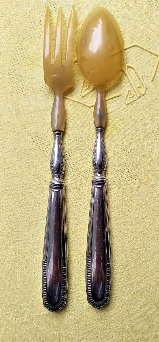 Salad Servers In Horn And Silver-photo-3