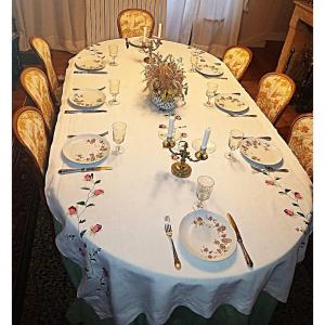 White Linen Tablecloth With Embroidered Flowers