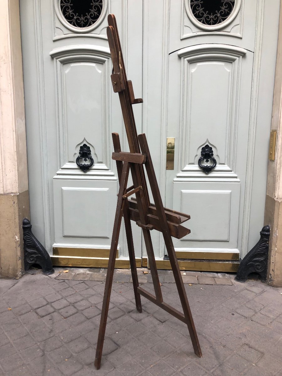 Large Old Wooden Painter's Easel, Adjustable With Rack-photo-2