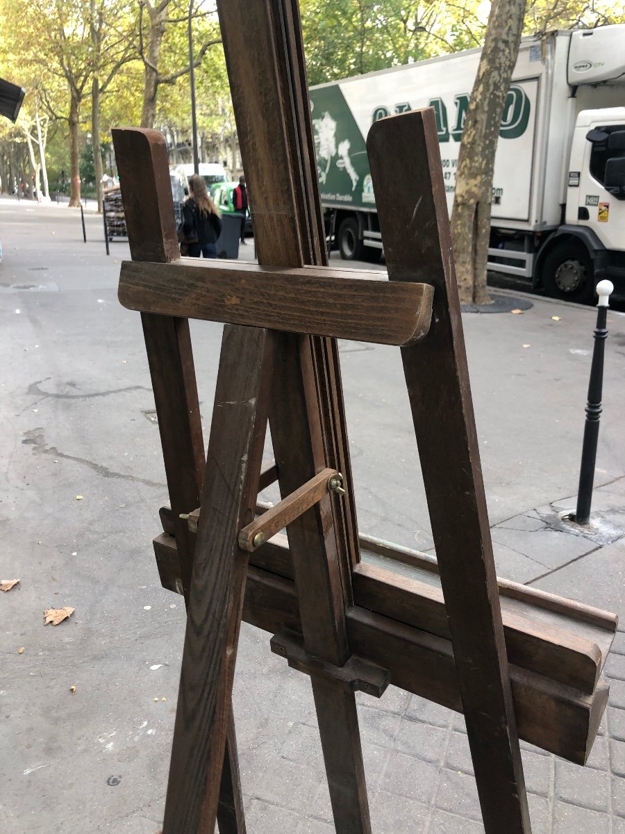 Large Old Wooden Painter's Easel, Adjustable With Rack-photo-1