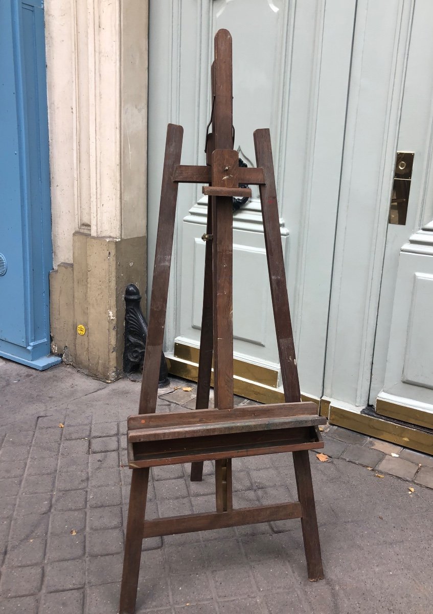 Large Old Wooden Painter's Easel, Adjustable With Rack