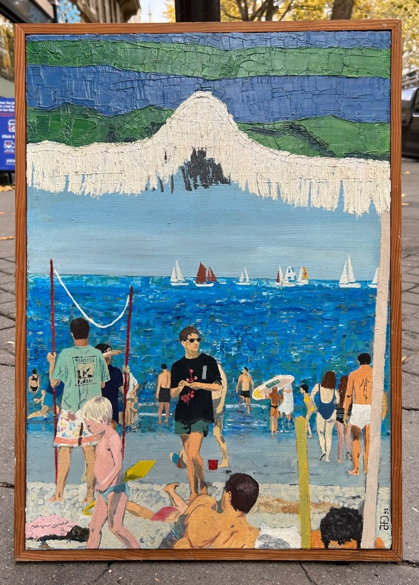Genre Scene Table 1992 Oil On Canvas Representing Characters On A Beach