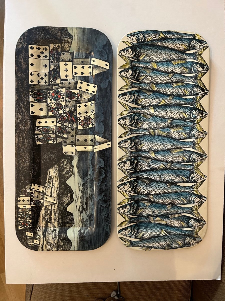 2 Rectangular Trays In Sheet Metal 1950 Piero Fornasetti "citta De Carte" And "fish"-photo-8