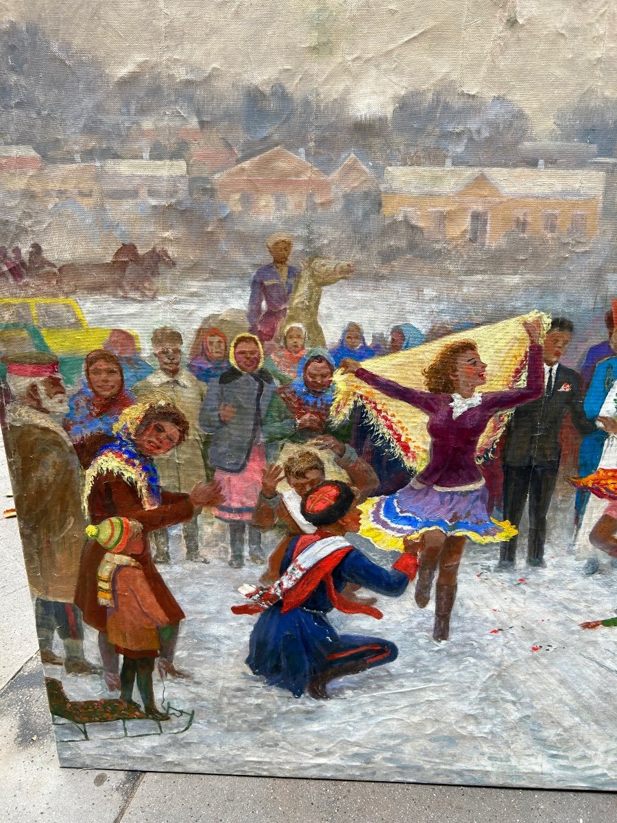 Grande Huile Sur Toile 1940/50 Fête folklorique russe en hiver Danse enfants et musiciens -photo-2