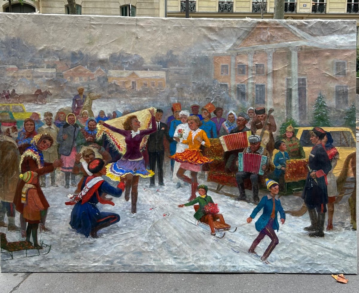 Grande Huile Sur Toile 1940/50 Fête folklorique russe en hiver Danse enfants et musiciens 