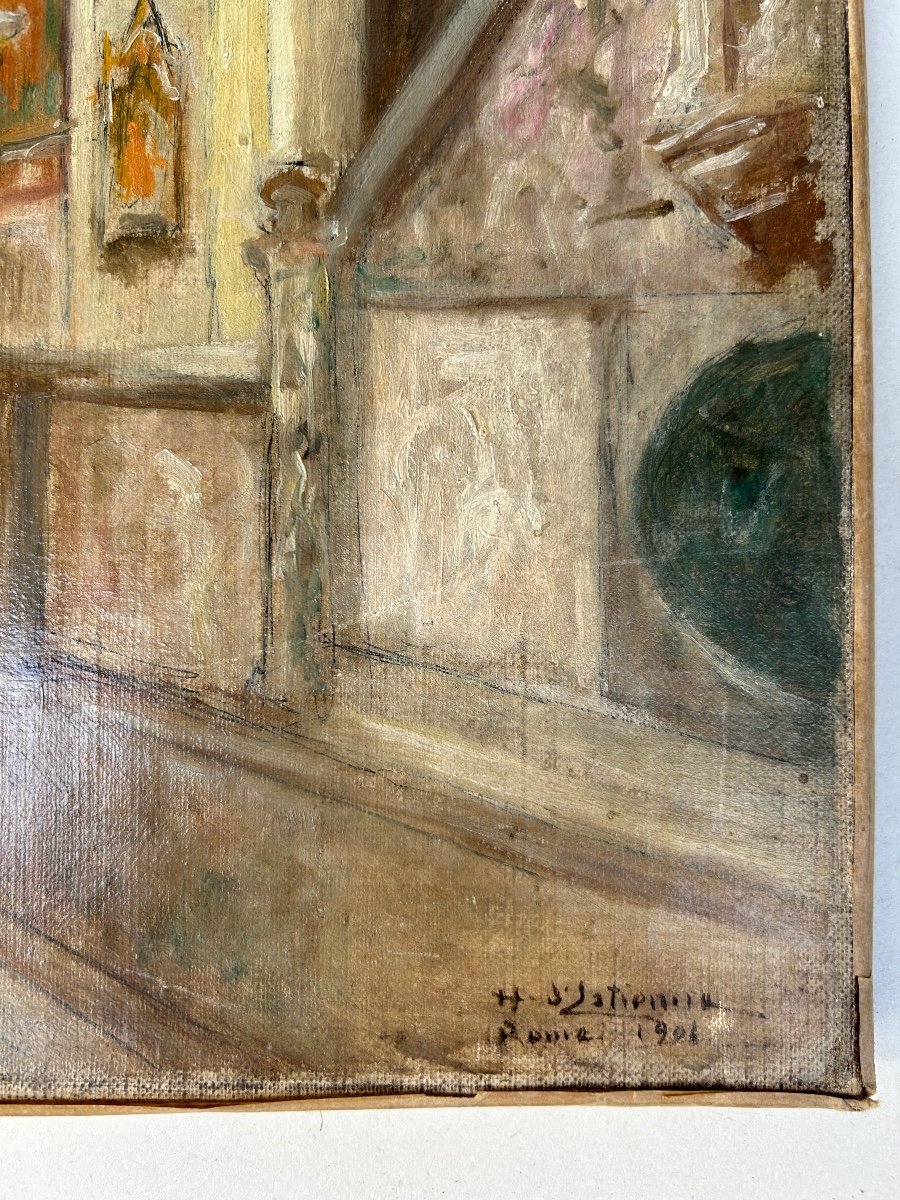 Huile Sur Toile Début 20ème Signée Henry D’estienne. Intérieur D’église Bretonne -photo-3