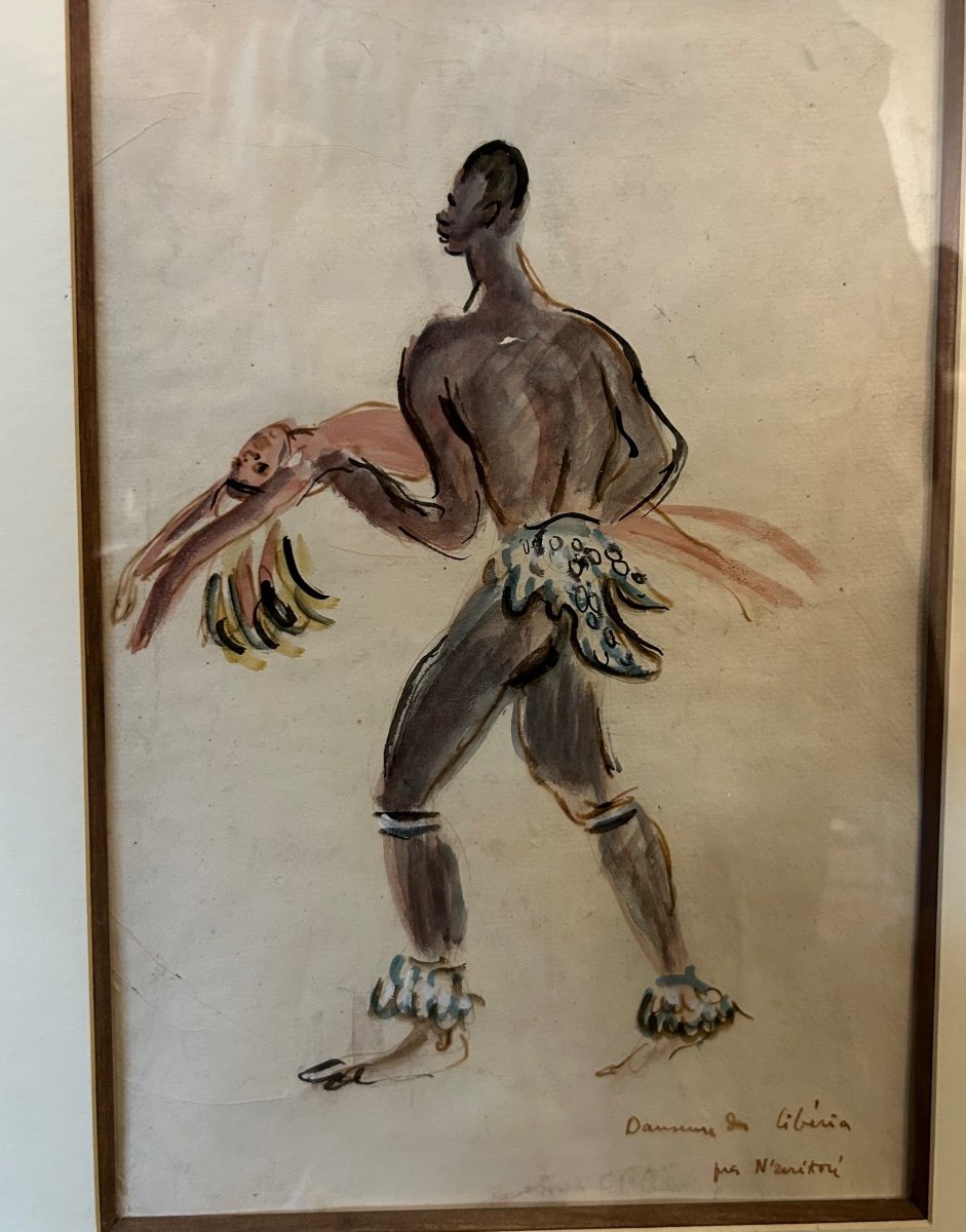 Gouache Sur Papier De Monique Cras (1910-2007) Peintre Africaniste « danseur Du Libéria »-photo-3