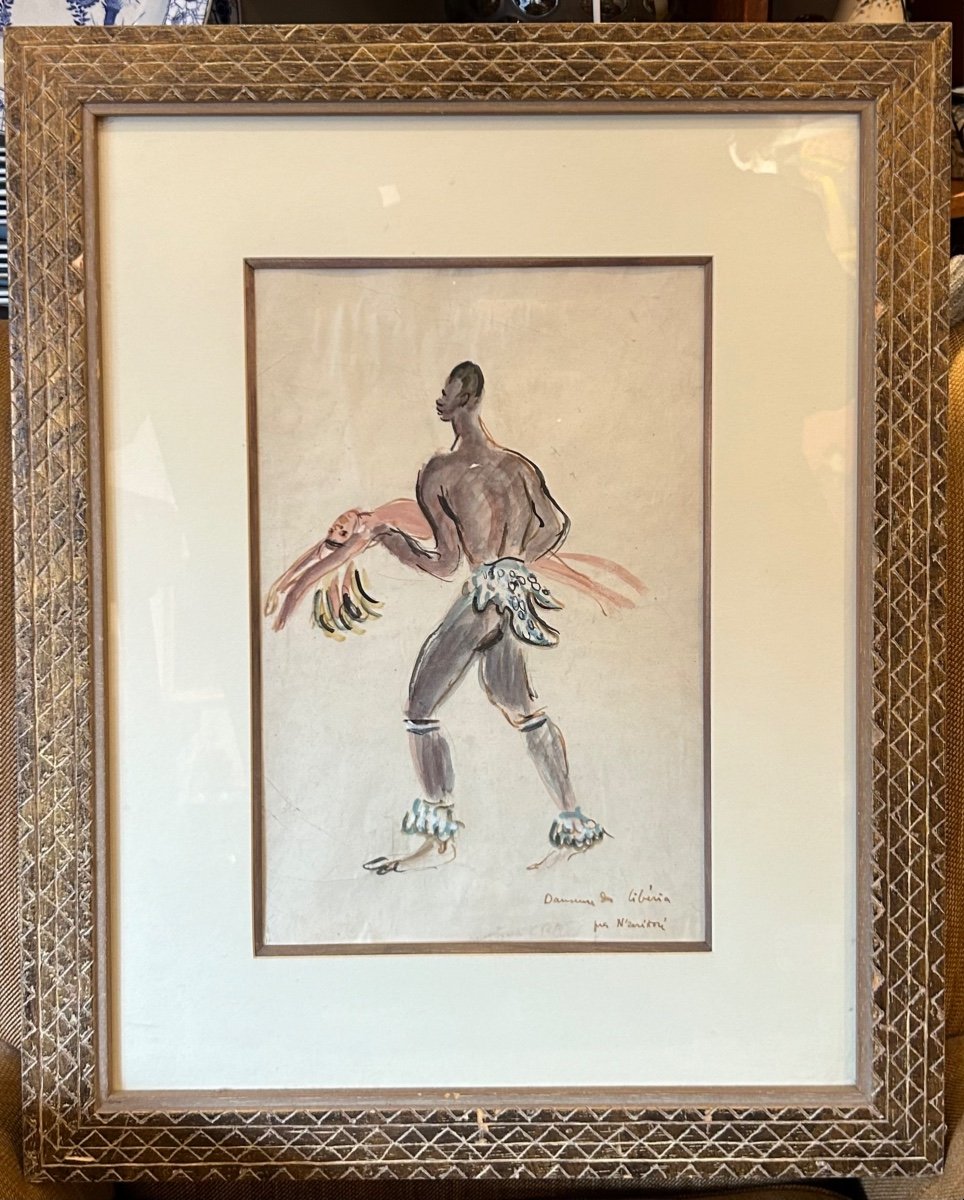 Gouache Sur Papier De Monique Cras (1910-2007) Peintre Africaniste « danseur Du Libéria »