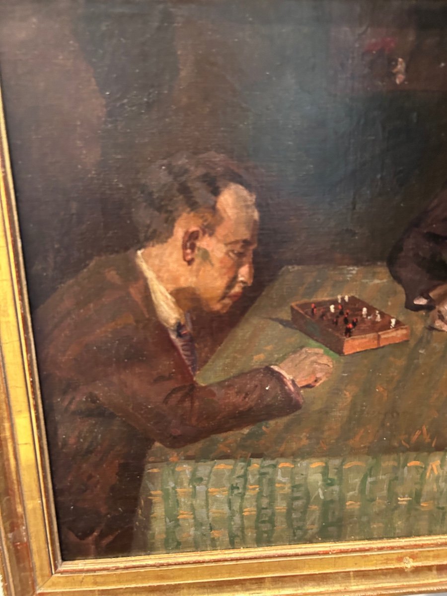 Oil On Canvas “chess Players” By Hungarian Painter Maurice Vagh Weinmann 1889-1986-photo-2