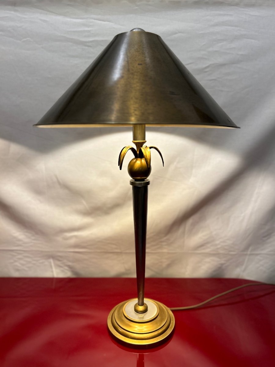 Paire de lampes à décor d’ananas en acier et laiton vernis Abat-jours En Métal Années 70/80-photo-2