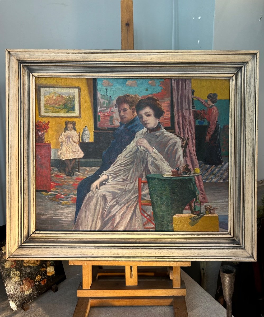 Tableau Huile Sur Bois Représentant Une Scène D’intérieur Avec Personnages Fin 19 ème 