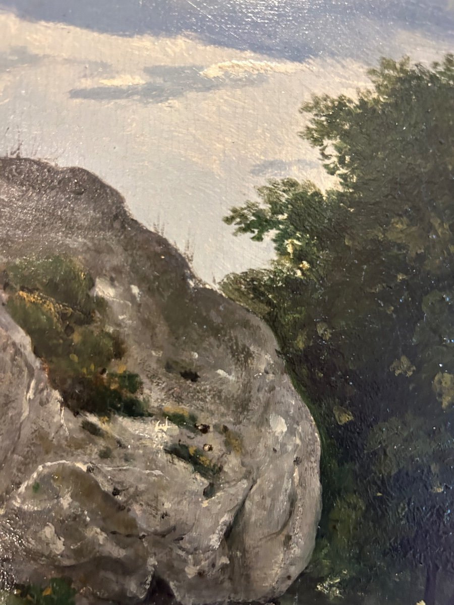 Landscape Signed And Dated 1847 By Henri Joseph Harpignies, “rock At Fontainebleau” Oil -photo-3