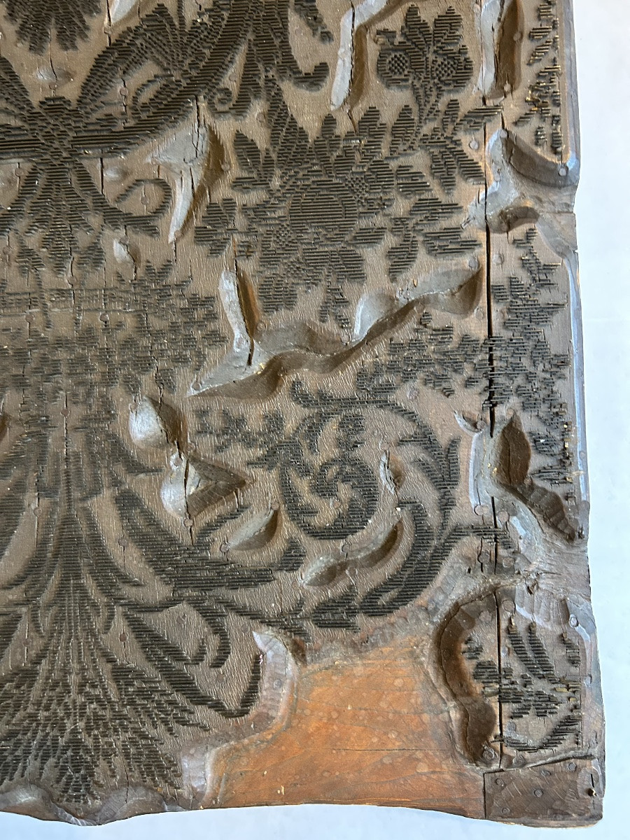 19th Century Printing Plate For Fabric Or Paper In Fruity Wood And Zinc. Floral Decoration. Marked Pb.-photo-2