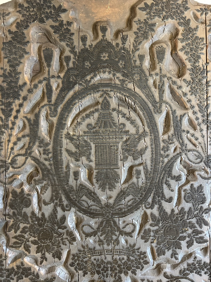 19th Century Printing Plate For Fabric Or Paper In Fruity Wood And Zinc. Floral Decoration. Marked Pb.-photo-3