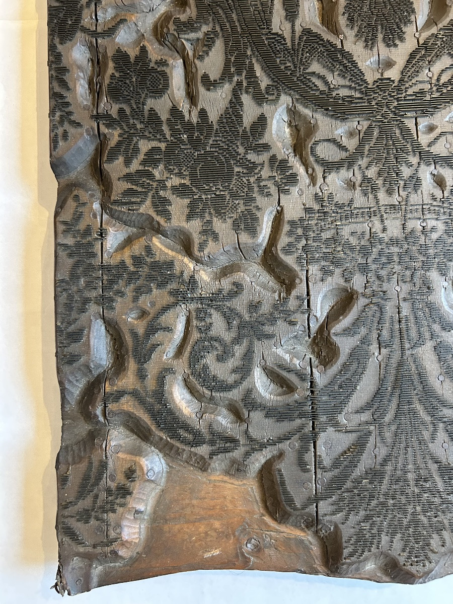 19th Century Printing Plate For Fabric Or Paper In Fruity Wood And Zinc. Floral Decoration. Marked Pb.-photo-4