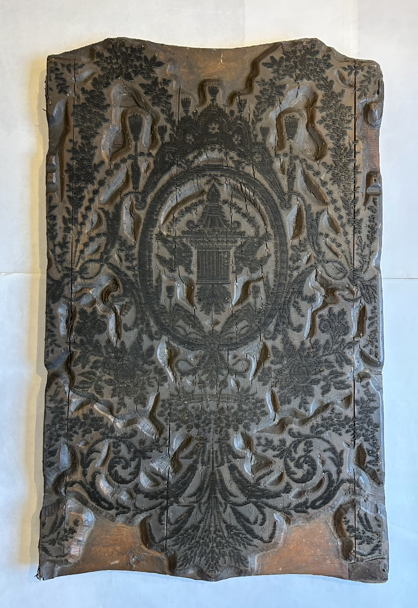 19th Century Printing Plate For Fabric Or Paper In Fruity Wood And Zinc. Floral Decoration. Marked Pb.