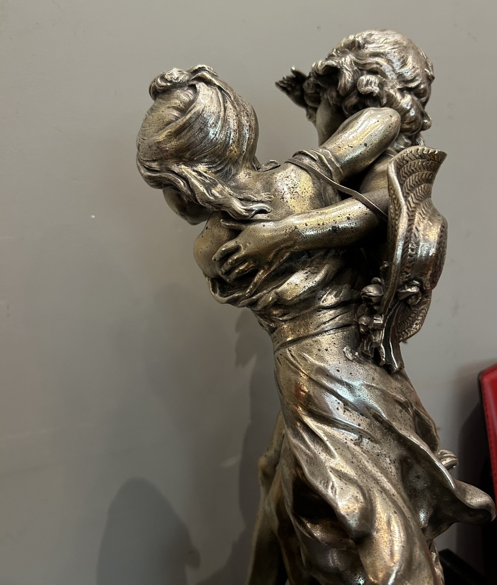 Bronze Argenté Représentant Un Couple D’enfants Du Sculpteur  Auguste Moreau (19ème)signé -photo-1