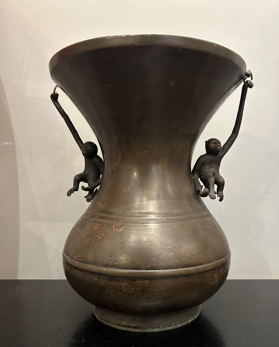 19th Century Chinese Bronze Vase With Monkey Decor (handles) Brown Patina 