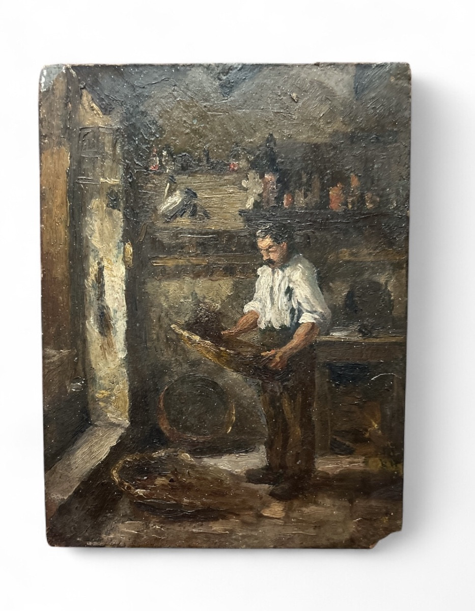 Oil On Cardboard - Workshop Scene - Craftsman In His Workshop - 1909 