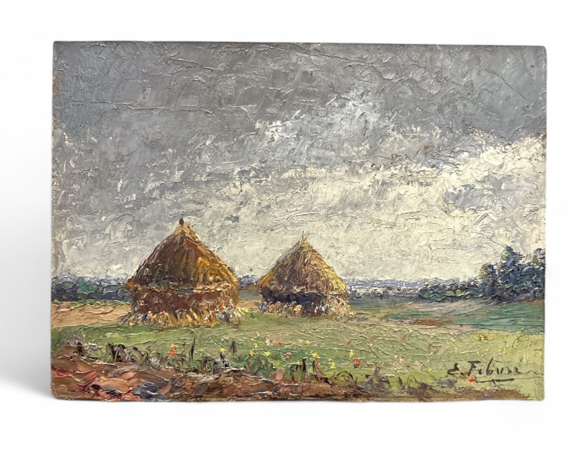 Huile sur carton - Paysage Meules de foin - Édouard Febure - début 20ème 