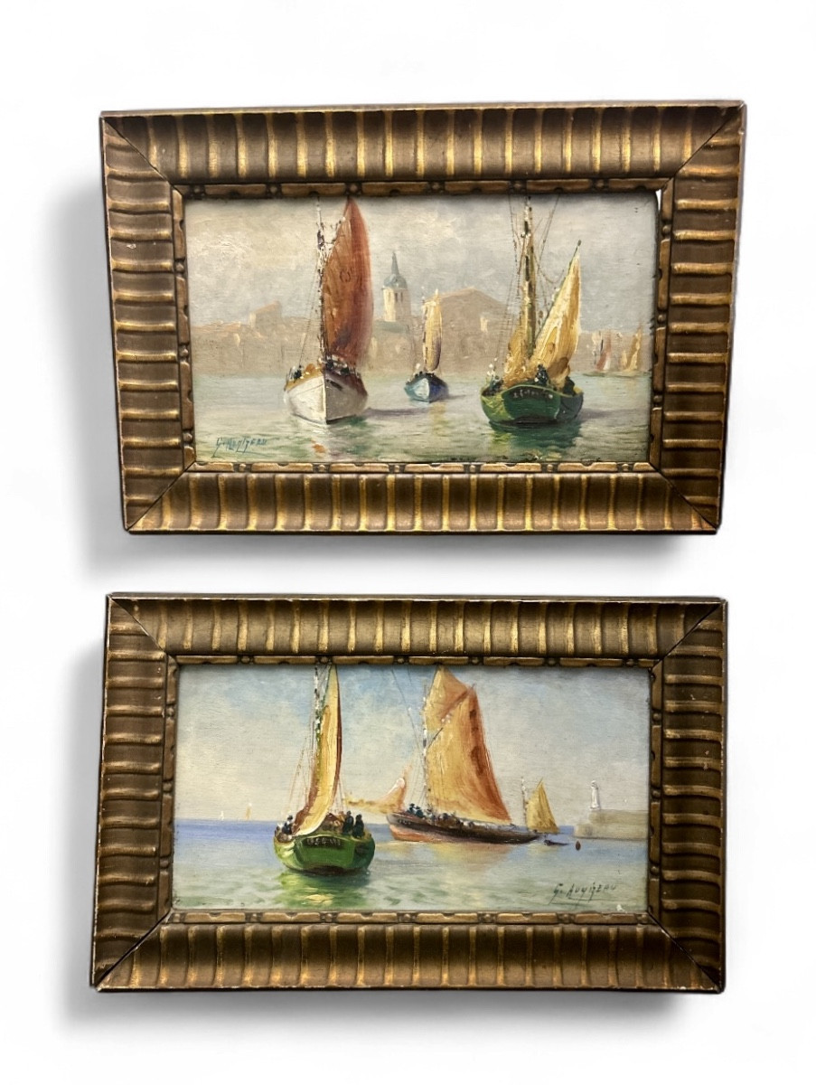 Paire de panneaux représentant des bateaux vendéens - huile sur bois - Gabriel Augizeau - 20em 
