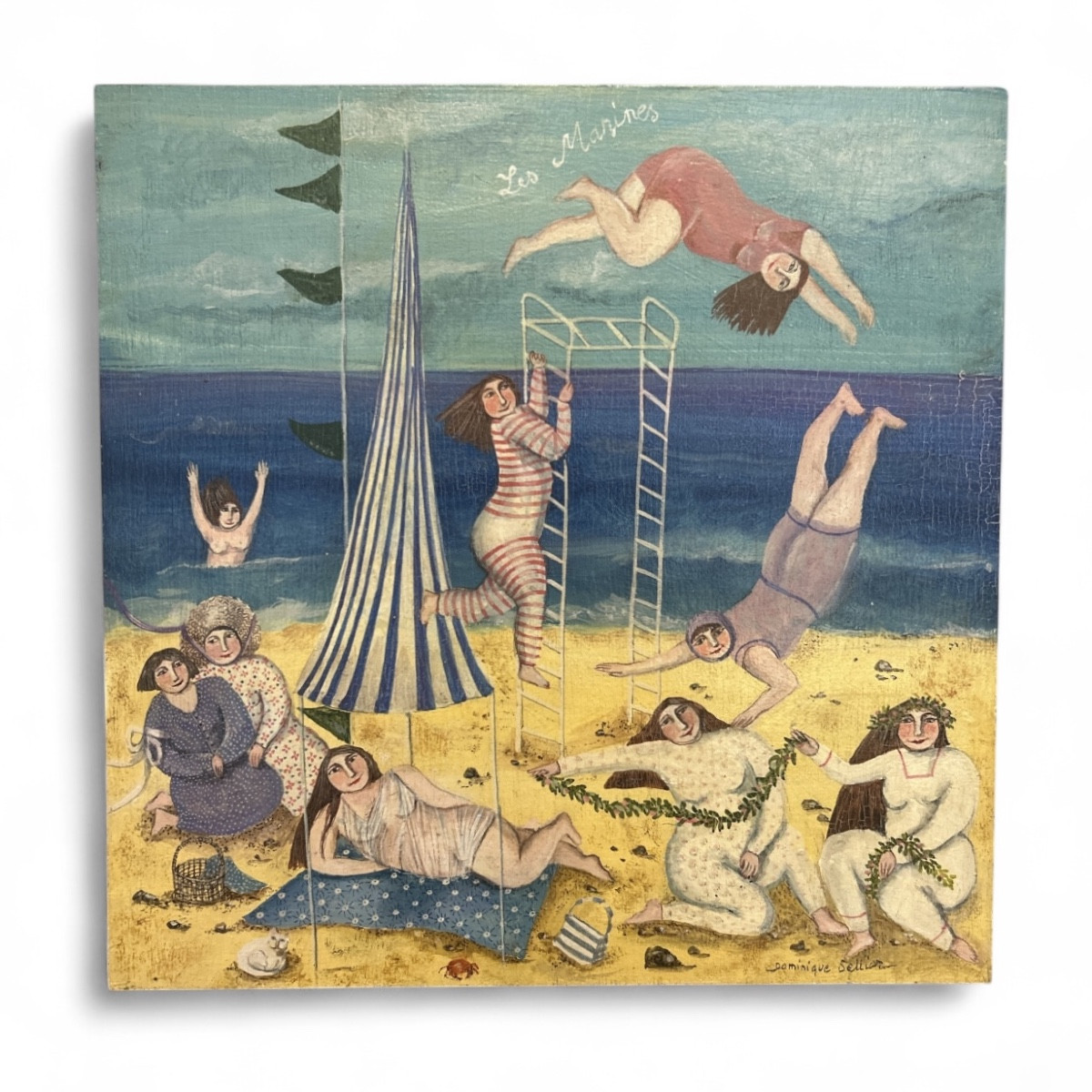 Huile sur bois - Dominique Sellier - Bord de Mer - Les Marines - fin 20ème - Naïf