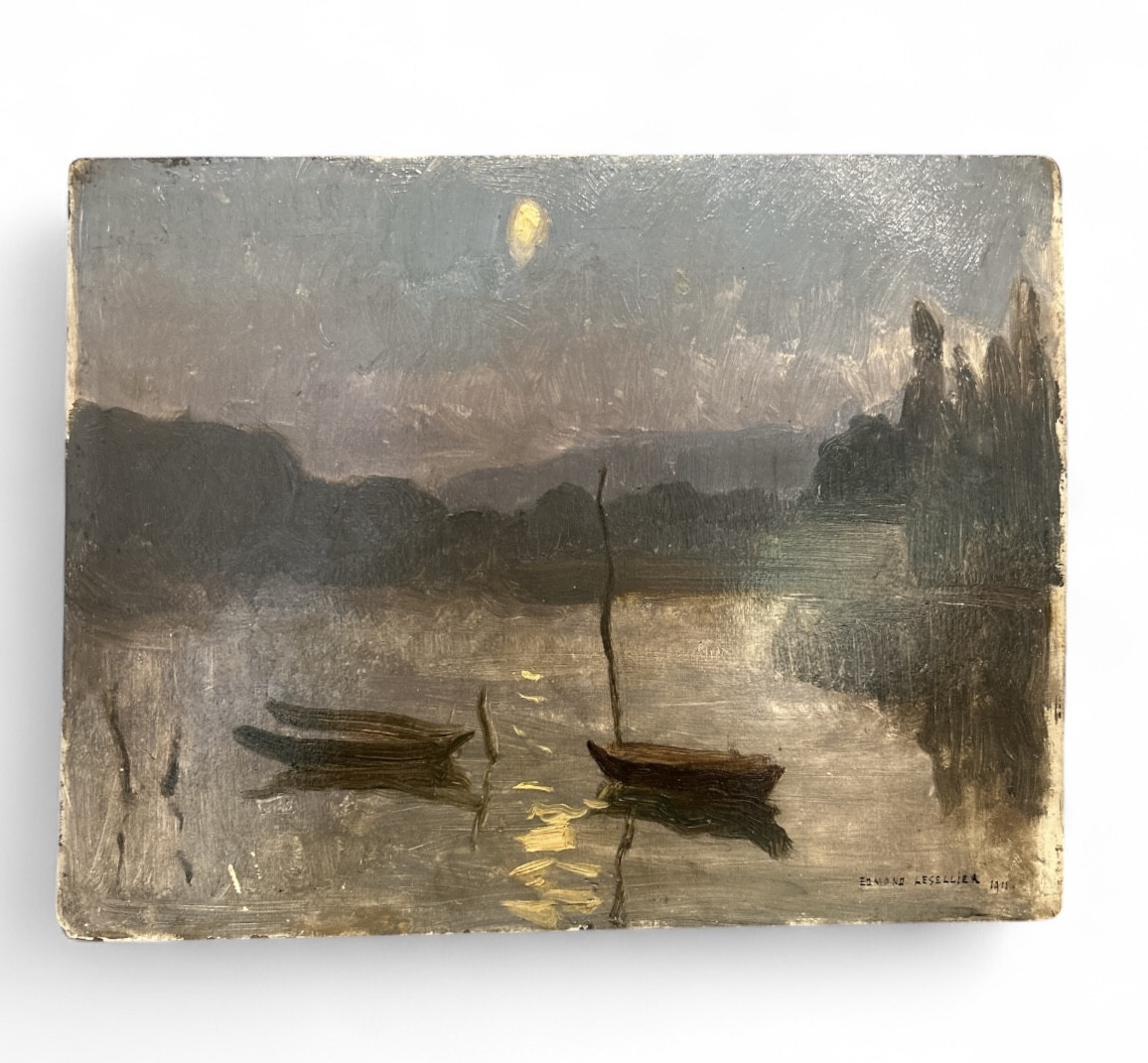 Paysage de nuit, barques au coucher du soleil - Edmond Lesselier - 1911 - Huile sur carton