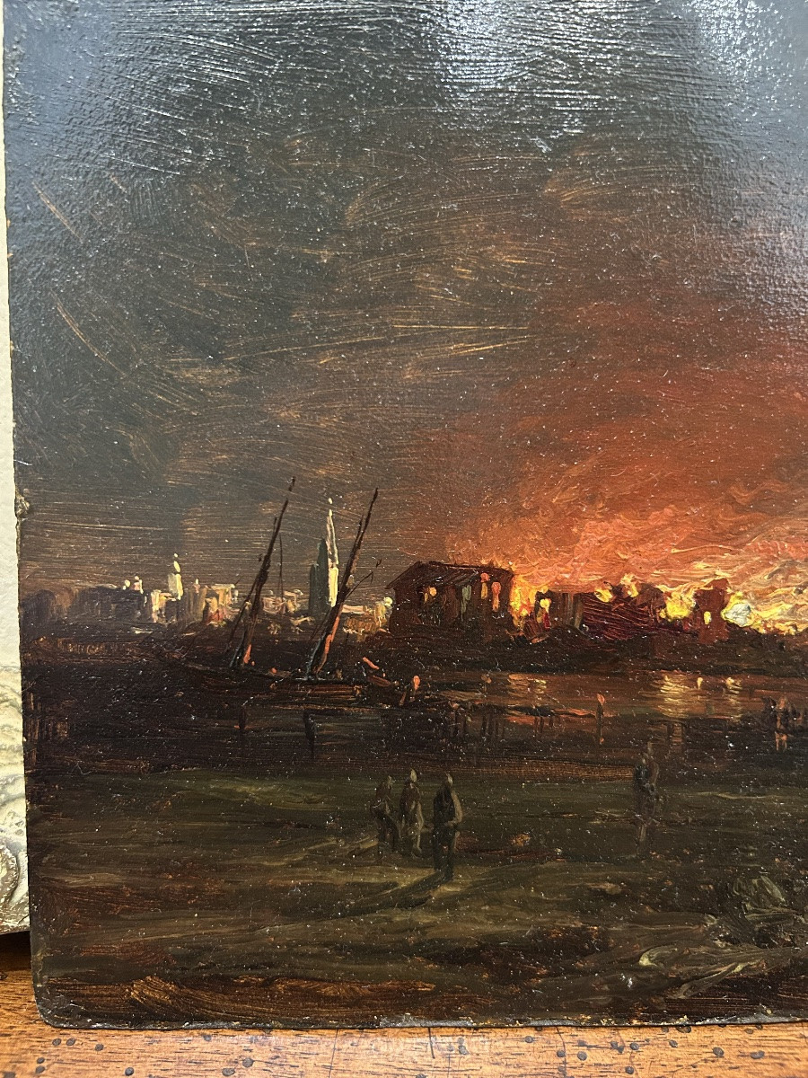 Night Fire - Auguste-jean Gaudin - 20th - Oil On Cardboard-photo-3