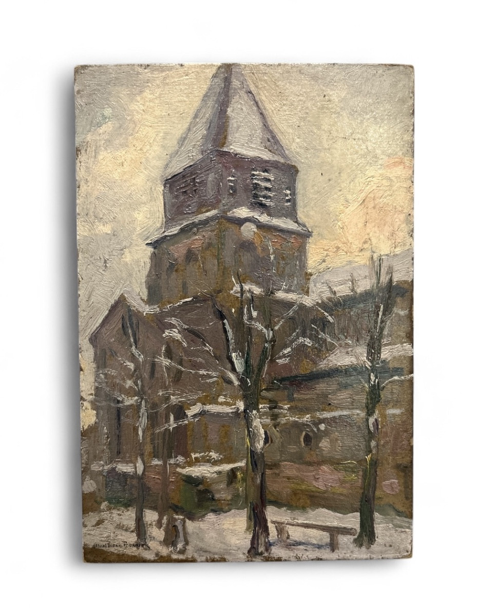 Village sous la neige - Église de Mareuil - Alfred-Victor Fournier - Deb 20eme - huile sur bois