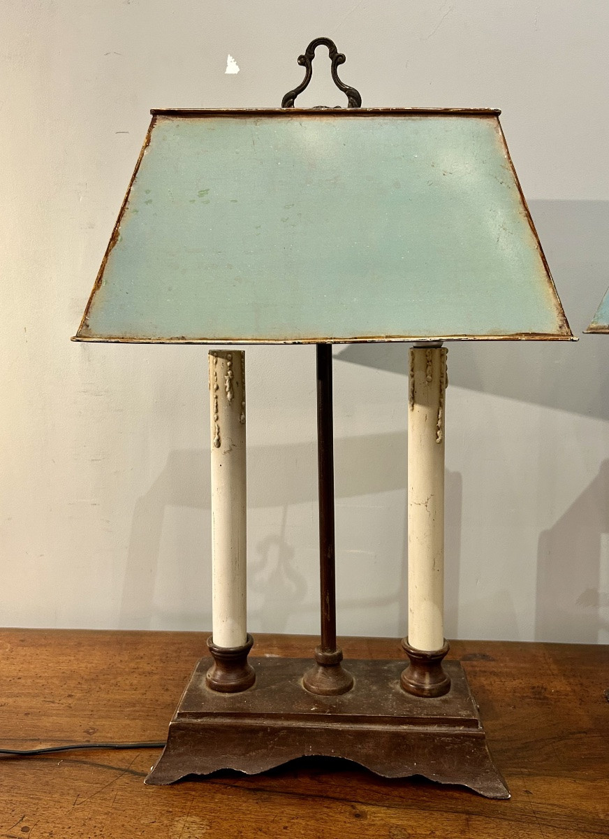 Paire de lampes bouillottes XVI ème Directoire en bois et abat-jours en taule peinte-photo-2
