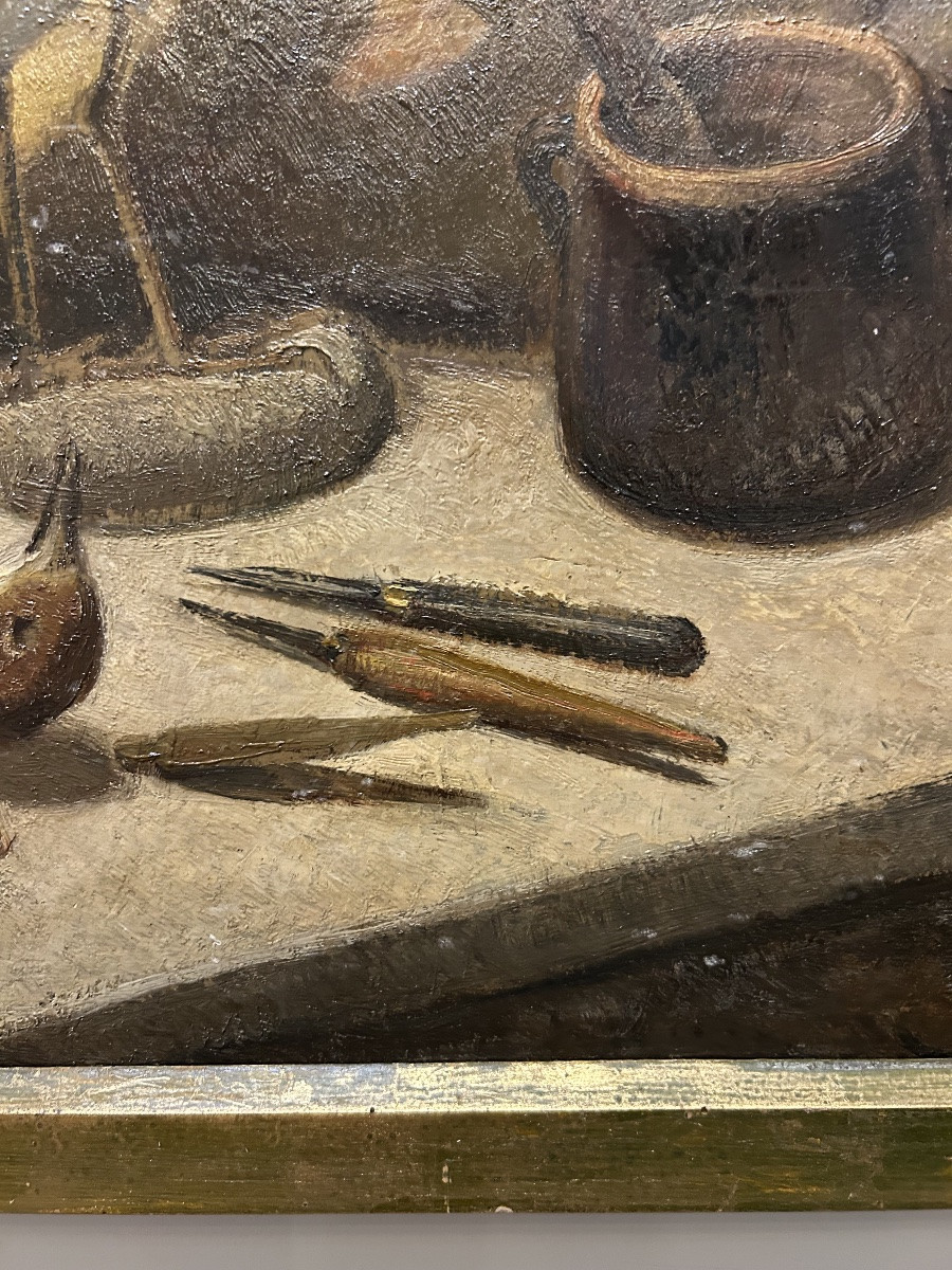 Still Life From A Cabinet Of Curiosities - Taxidermy Workshop - Early 20th Century - Oil On Wood-photo-2