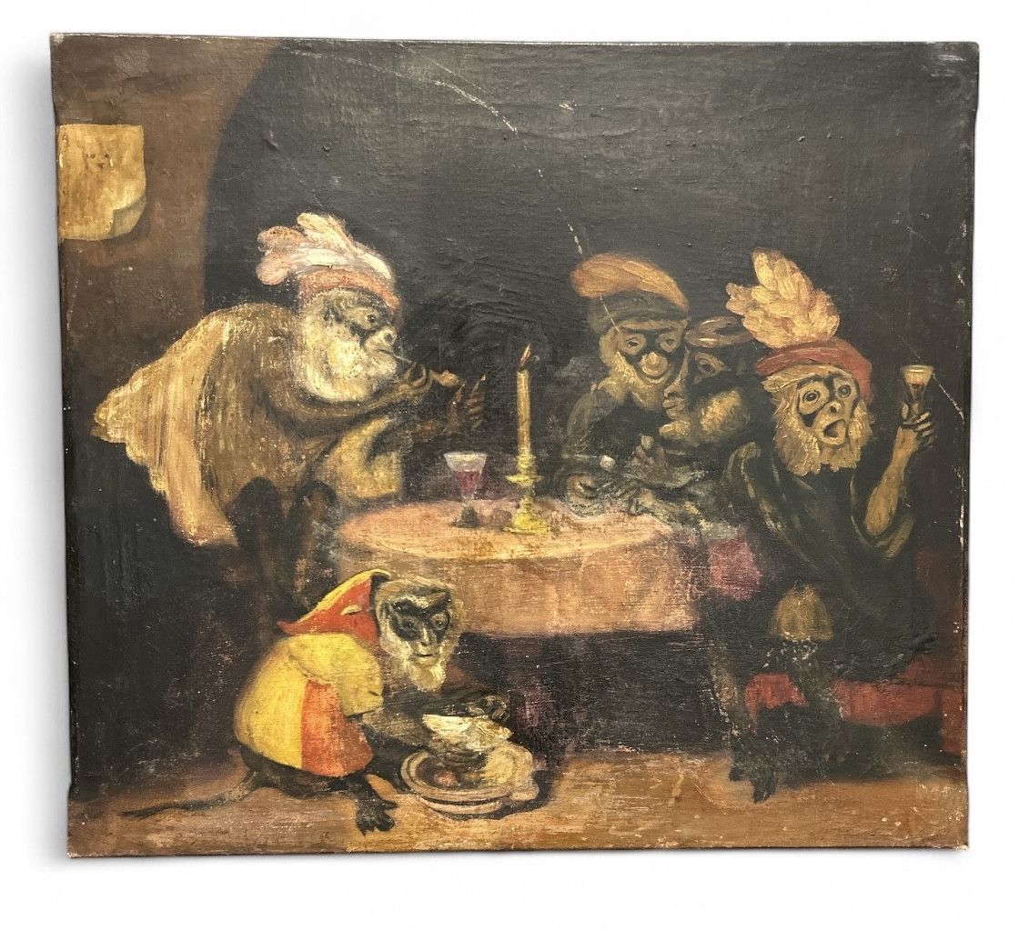 Huile sur toile - scène de genre - Singes attablés - 20ème